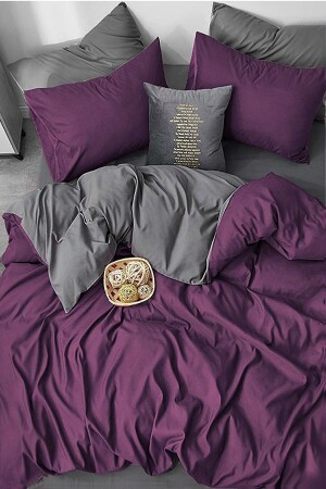 Duvet Cover Set with Fitted Sheets, Double Plum - Gray FLR5657 - İQON