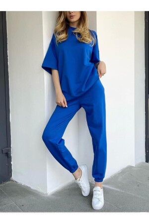 duz mavi kadın eşofman takımı t-shirt-jogger - Trendgar