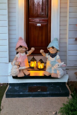 Dwarf home garden statue figurine with lantern, set of 2, illuminated - Ufak Dusler Atölyesi