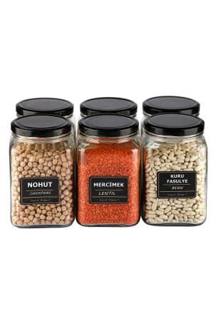 Eckiges, beschriftetes Glas für Gewürze und Hülsenfrüchte, 1000 cm³, 6-teilig, quadratisch, mit schwarzem Deckel1000CCG - Karçiçeği Home