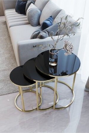 Ecol Gold Metal Nesting Table Black Unbreakable Glass ECOL0003 - ECOL DESİNGS