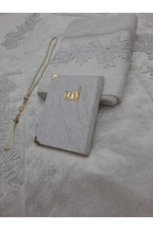 Ecru Cream Velvet Prayer Rug Set 4 Pieces Towel Prayer Beads Juz Bridal Bundle Prayer Rug Set - Lamazihome