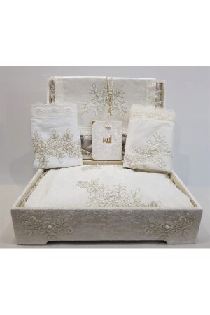 Ecru Luxury Storage Prayer Rug Set French Guipure Velvet Bundle Set - Eylül