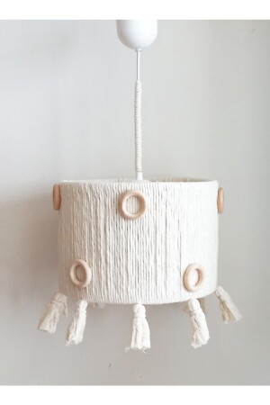 Ecru Macrame Rope Wrap Ring Wooden Beaded Living Room Young Room Baby Kids Room Design Pendant Lamp Chandelier 235VZ - C&A