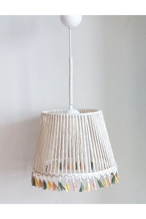 Ecru Macrame Rope Wrapped Colorful Fringed Pendant Lamp Chandelier 245VZ - C&A