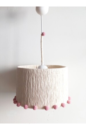 Ecru Macrame Rope Wrapped Cylinder Pink Pompom Design Baby Girl and Children's Room Pendant Lamp Chandelier 202VZ - C&A
