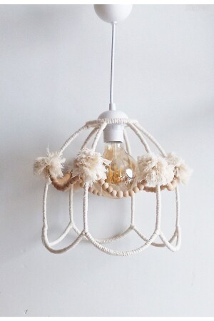 Ecru Macrame String Wrap Daisy Wooden Bead Handmade Pompom Baby Girl and Child's Room Pendant Lamp Chandelier 219VZ - C&A