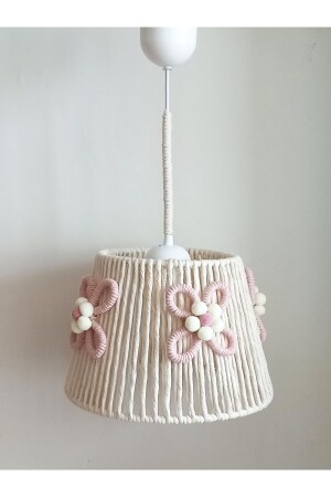 Ecru Macrame String Wrap Flower Applique Pompom Design Baby Girl Child-Teen Room Pendant Lamp Chandelier - C&A