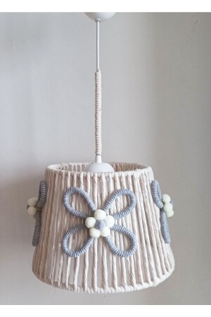 Ecru Macrame String Wrap Gray Flower Applique Pompom Design Baby Girl Child-Teen Room Pendant Lamp Chandelier 246VZ - C&A