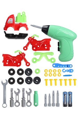 Educational Disassemble and Plug Toy 48 Piece Vehicle Repair Set with Battery Operated Drill Crane and Red Engine - Toyaş