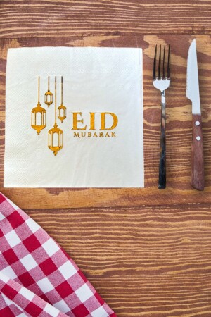Eid Mubarak Written Gold Gilded Napkin 16pcs 16x16 Cm Gold Leaf Ramadan Eid Themed Religious Ornament - Huzur Party Store