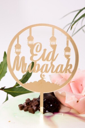 Eid Mubarak Written Gold Mirror Plexiglass Gold Yellow Cake Top Nameplate Ramadan Feast Religious Ornament - Huzur Party Store