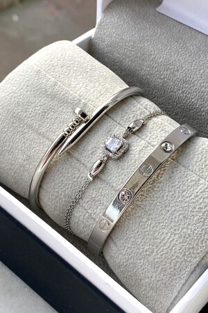 Eid Special 3-teiliges silberfarbenes Damen-Armband-Set - Lowen Aksesuar