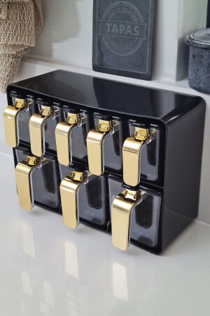 Eight Spice Jar Set with Stand Gold Handle Black Cover – 161280-822 1033376. 0015 - Herevin