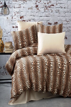 Einzelbettbezug-Set 127 aus Baumwolle mit Leopardenmuster, Flauscheffekt, Cappuccino-Bettlaken und 2 Kissenbezügen - MAJESTE