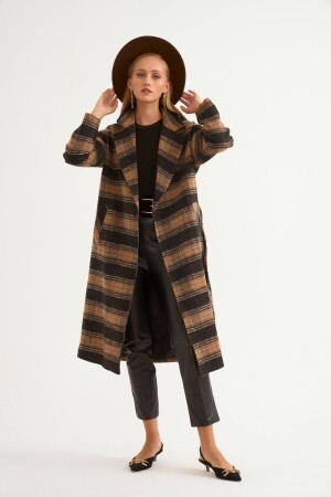Ekose Desenli Kuşaklı Kaban - Siyah-camel - Sateen