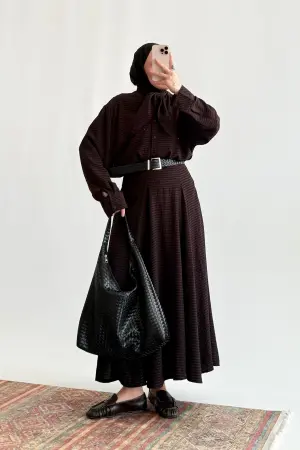 Ekose Fularlı Parçalı Etek Takım Kahve-Siyah - Nuuwears