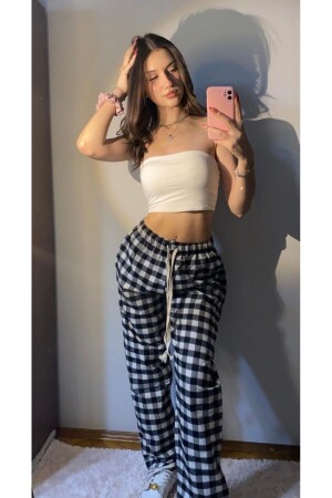 Ekose Model Desenli Siyah Beyaz Kareli Relaxed Unisex Oversize Eşofman Pijama Altı - Violon