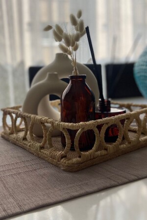 El Yapımı Ahşap Hasır Halkalı Doğal Rafya Tepsi Sunumluk MİEN00216 - MİEN HOME