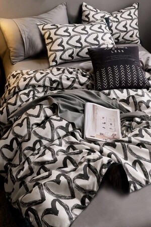 Elastic Sheet Duvet Cover Set Double Love Heart Gray. iqon035 - İQON