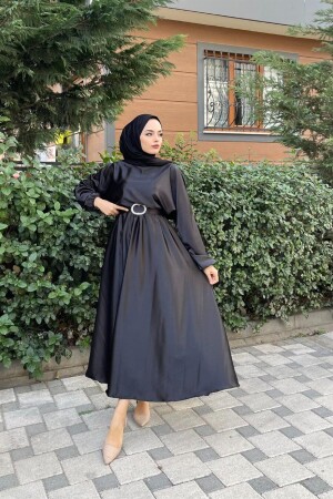 Elastic Waist Belted Satin Evening Dress Black - Şule Giyim