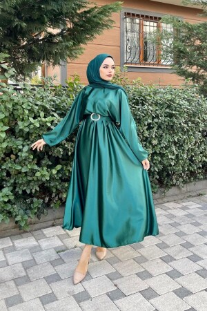 Elastic Waist Belted Satin Evening Dress Green - Şule Giyim