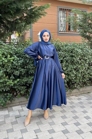 Elastic Waist Belted Satin Evening Dress Navy Blue - Şule Giyim