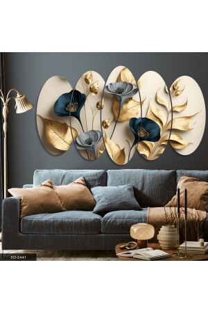 Elegant Gold and Blue Flowers and Branches 5-Piece MDF Painting - Evinemoda