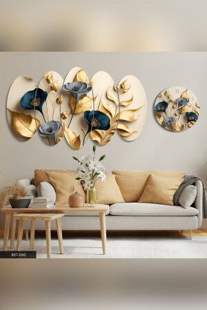 Elegant Gold And Blue Flowers With Branches 5 Piece MDF Table Clock Set - Evinemoda