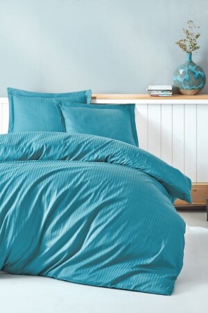 Elegant Stripe Turquoise Satin Double Duvet Cover Set CTN-EGT-STP-STN-Ç. K-N. T-Turquoise - Cotton Box