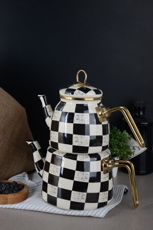 Elite Class Checkerboard Enamel Teapot - Black and White Stylish Design Teapot - Bayev