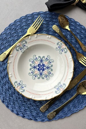 Elizabeth Gold Gilded 21 Cm 6 Person Porcelain Cream Retro Floral 6 Piece Hollow Dinner Plate Set - Porselenden
