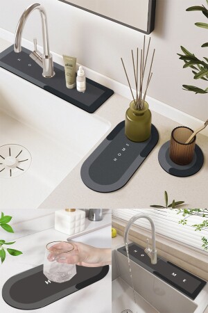 Else Anthracite Faucet Mat Set of 3 Kitchen Organizer Sink Mat Soap Dish Dishwashing Sponge Mat - Genel Markalar