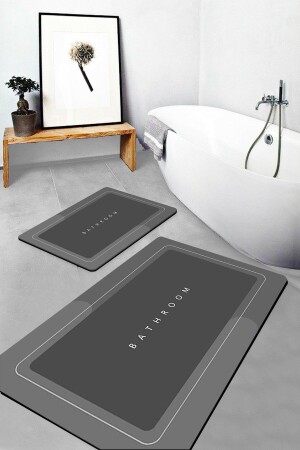 Else Anthrazitfarbenes Badezimmer-Toilettensitz-Set mit Schriftzug, waschbar, rutschfeste Unterseite, 2-teilig - Else Halı