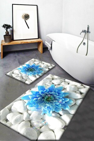 Else Blue Floral Patterned Washable Non-Slip Base 2-Piece Bathroom Rug Mop Toilet Seat set elseozelbanyo9 - Else Halı