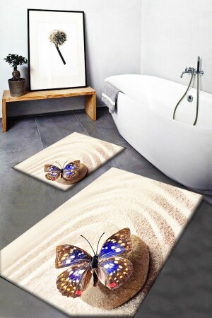 Else Blue Sand Butterfly Patterned Washable Non-Slip Base 2-Piece Bathroom Rug Doormat Toilet Set elseozelbanyo7 - Else Halı