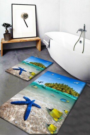 Else Blue Starfish Fishes Tropical Island 2-Piece Toilet Set Bath Mat Set Carpet elseklasikpaspas48 - Else Halı