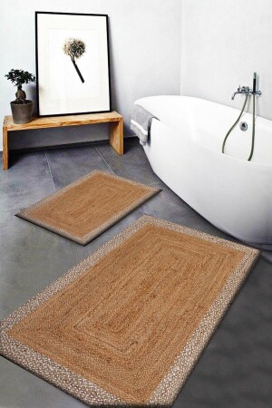 Else Brown Wicker Look Pattern Washable Non-Slip Bathroom Mat 2-Piece Toilet Set Carpet Dts-32 elsedotoscft32 - Else Halı