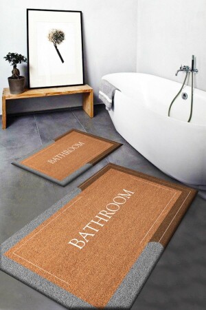 Else Coffee Bath Written Washable Non-Slip Base 2 Piece Bathroom Mat Toilet Set Carpet Passo-11 elsepsbath - Else Halı