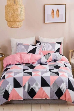 Else Double Sided Pink Gray Geometric Scandinavian Cotton Satin Double Duvet Cover Set elseisknev - Else Halı