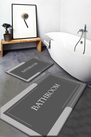 Else Gray Bath Written Washable Non-Slip Base 2 Piece Bathroom Mat Toilet Set Carpet Passo-108 elsepsbath - Else Halı