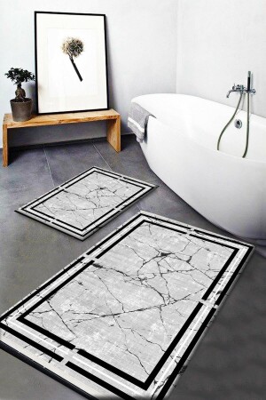 Else Gray Black Marble Patterned Washable Non-Slip Bathroom Mat 2-Piece Toilet Set Carpet Dts-17 elsedotoscft17 - Else Halı