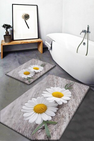 Else Gray Yellow Daisies Patterned Washable Non-Slip Base 2-Piece Bathroom Rug Mop Toilet Set - Else Halı