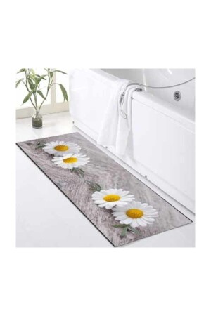 Else Kadser Gray Daisy Patterned Shower Tub Front Bath Mat kuvet110 - Else Halı