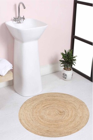 Else Natural Patterned Rope Wicker Jute Knitted Round Carpet Bath Mat 80x80cm elsebanyojut - Else Halı