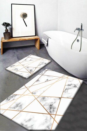 Else Yellow Gray Marble Patterned Washable Non-Slip Base Set of 2 Bathroom Carpet Mat and Toilet Seat Elsebanyopas13 - Else Halı