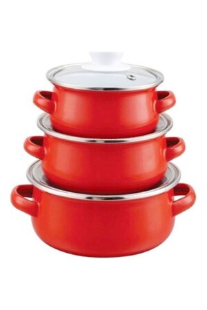 Emaye Mini 3'lü Tencere Seti 12-14-16 Cm Kırmızı 121416 - Ebru Metal