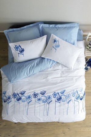 Embroidered Ranforce Double Duvet Cover Set Onella Blue 8680108067987 - Cotton Box