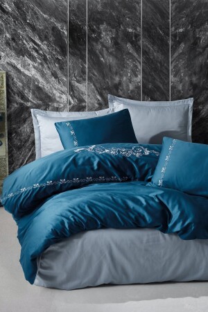 Embroidery Satin Double Duvet Cover Set Gloria Blue 8680108053874 - Cotton Box