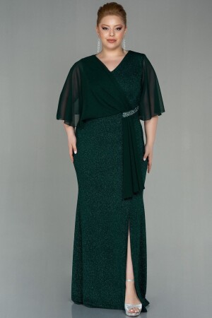 Emerald Green Chiffon Short Sleeve Long Glittery Plus Size Evening Dress Abu2979 - Abiyefon